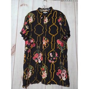 Fashion Nova Men XXL Black Gold Chain Floral Short Sleeve Button Up Shirt
